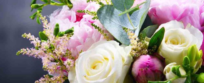 Composition with bouquet of freshly cut flowers.