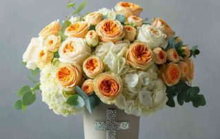 This beautiful bouquet features premium roses, spray roses, hydrangea and more in soft peaches and whites. Delivered in a Shining Cross vase